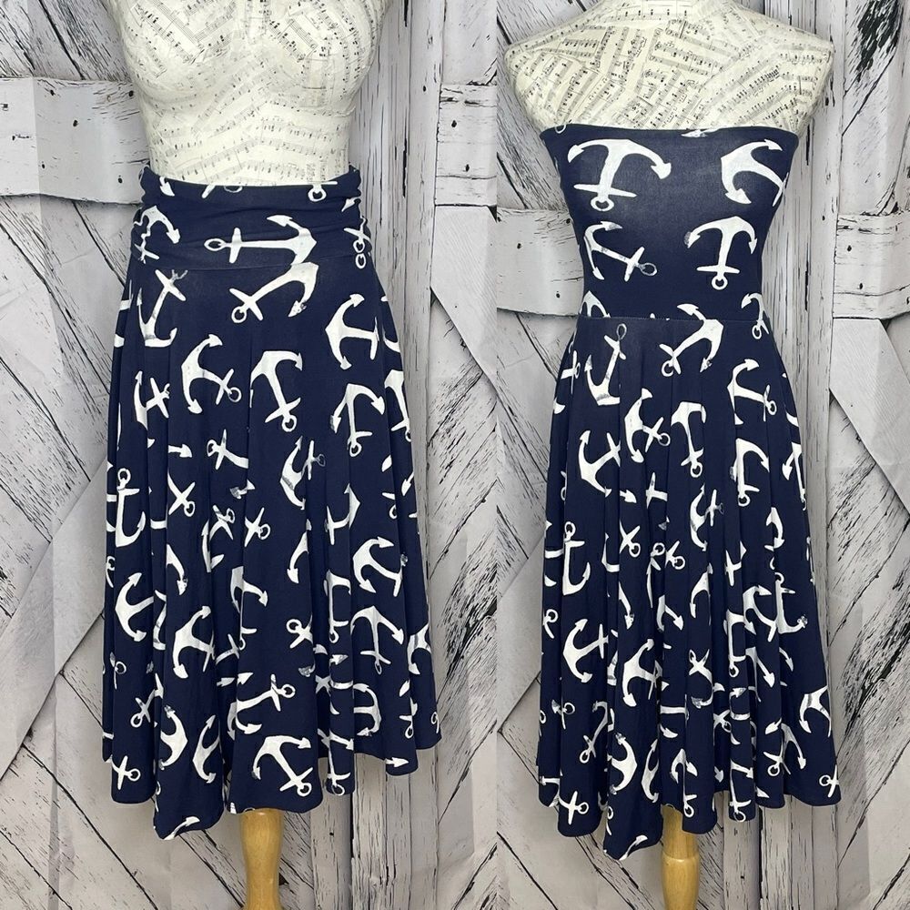 J. Crew Anchor Midi Skirt/Strapless Dress Navy Nautical White Stretch Size S